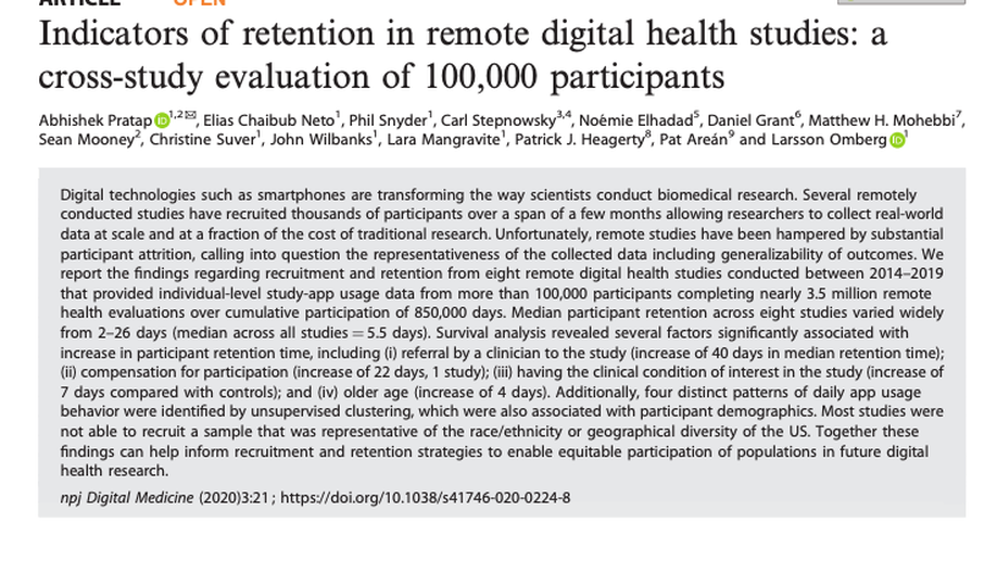 Indicators of retention in remote digital health studies: a cross-study evaluation of 100,000 participants